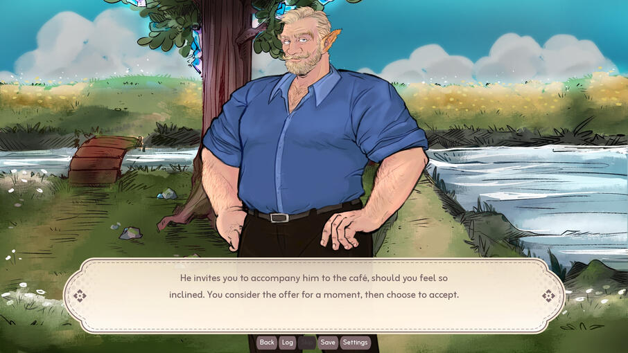 Alan standing in the community garden with the narration text "He invites you to accompany him to the cafe, should you feel so inclined. You consider the offer for a moment, then choose to accept" alongside him.